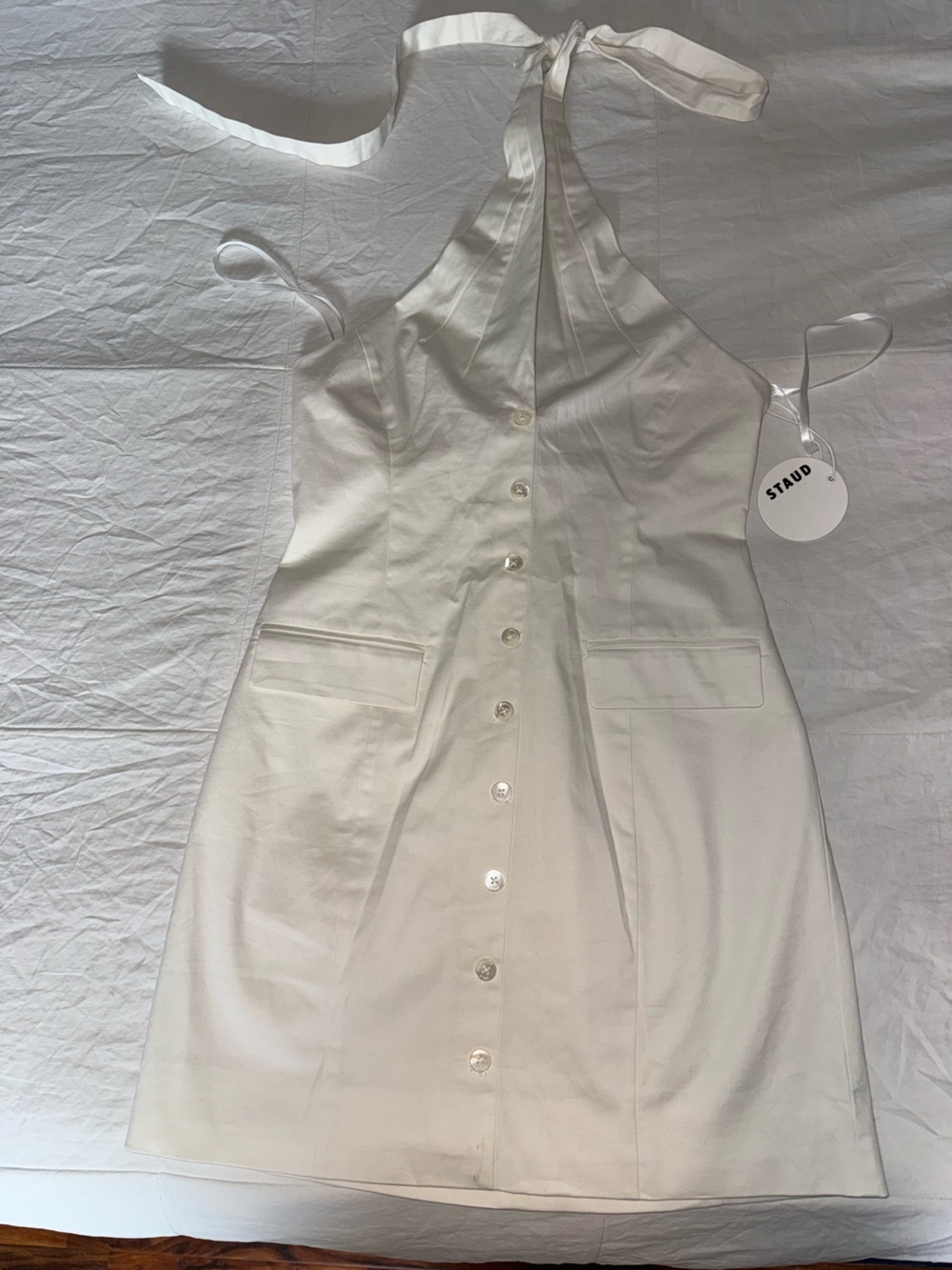 STAUD White Button-Front Halter Mini Dress